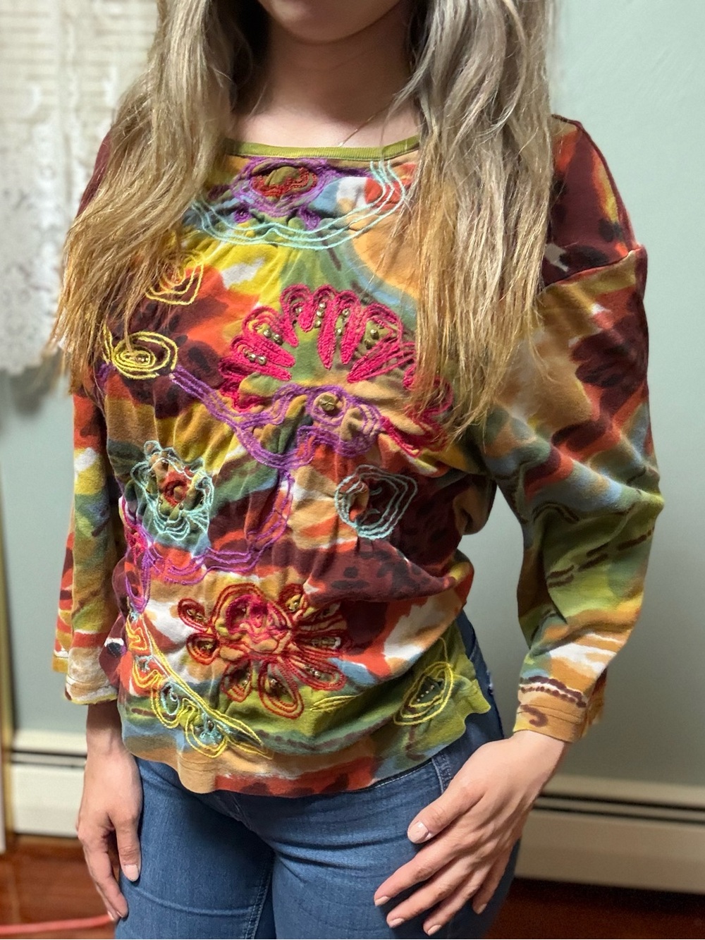 Multicolor Floral Embroidered Long Sleeve Top